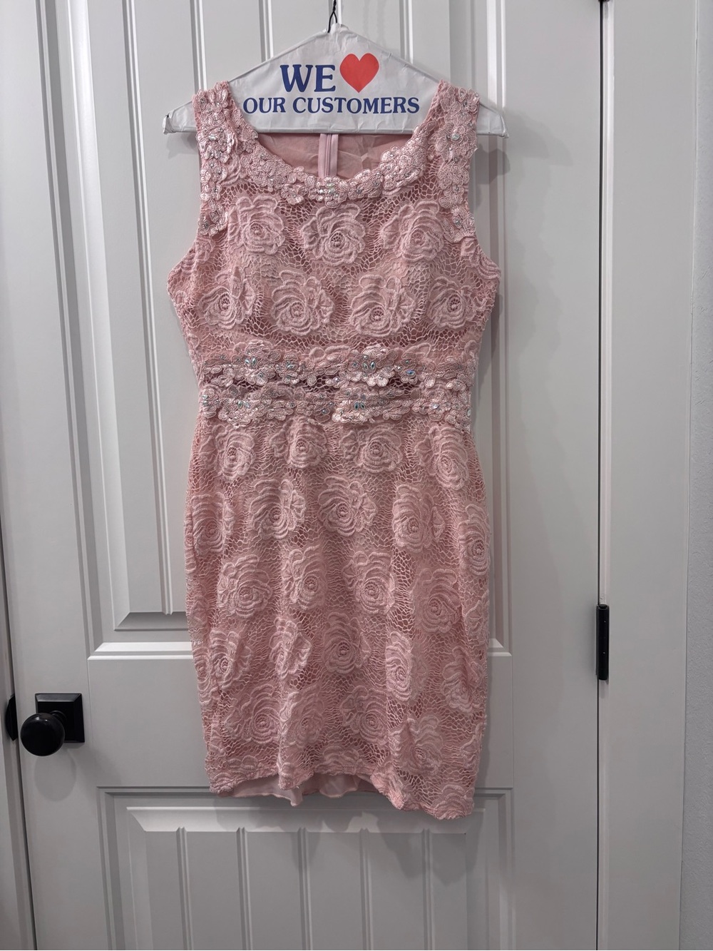 Sleeveless Pink Lace Mini Dress with Beaded Waist